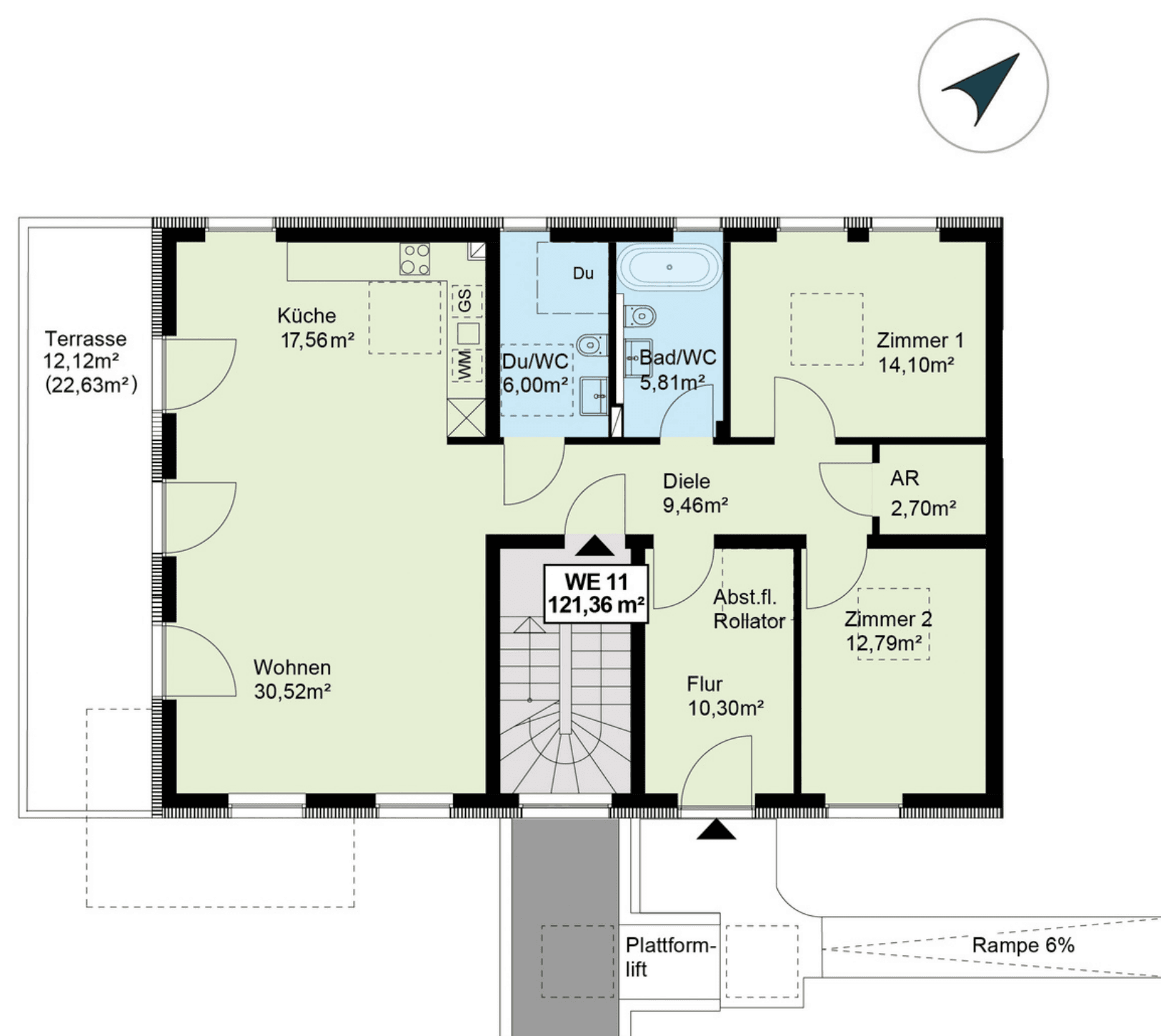 Grundriss Wohnung 11, Erdgeschoss, 121,36 m²