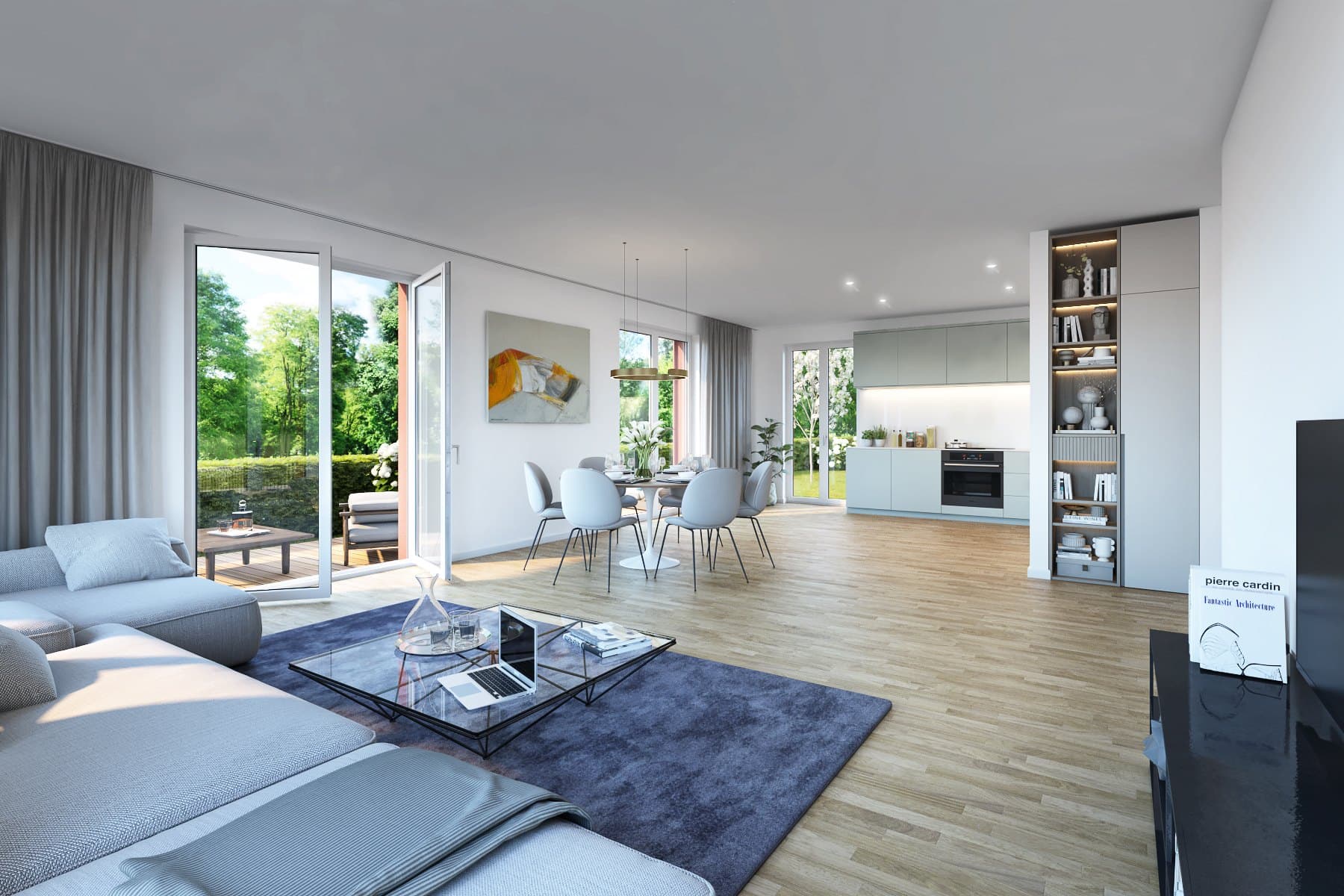 Wohn- und Essbereich mit offener Küche und Zugang zur Terrasse